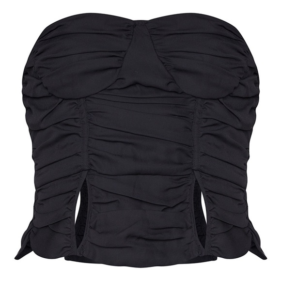 Pretty Little Thing Women’s Black Chiffon Ruched Spilt Hem Bandeau Corset Top - Picture 2 of 8
